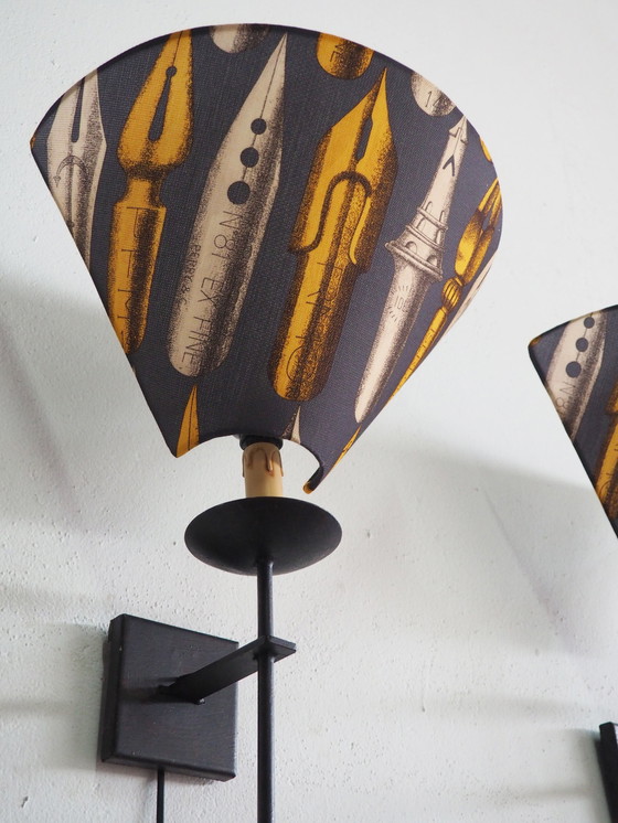 Image 1 of Set Large Iron Wall Lamps / Shadows Fornasetti Fabric 