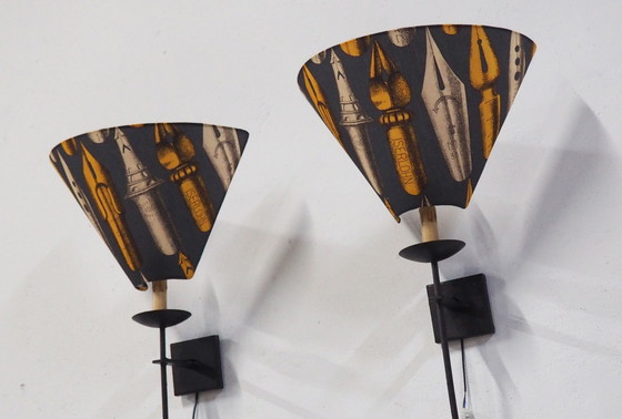 Image 1 of Set Large Iron Wall Lamps / Shadows Fornasetti Fabric 