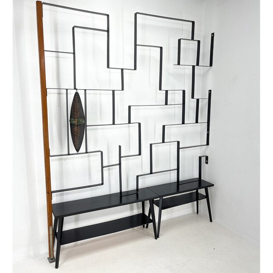 Image 1 of Divisorio vintage con coppia di panche in metallo e legno di Jelínek, 1960