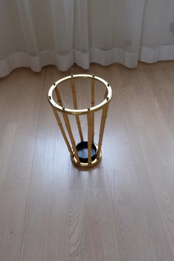 Image 1 of Set portemanteau mural porte-chapeau porte-parapluies laiton bambou vintage 80cm aEb