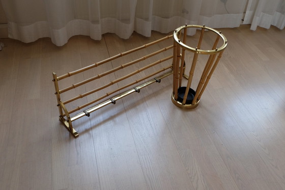 Image 1 of Set portemanteau mural porte-chapeau porte-parapluies laiton bambou vintage 80cm aEb