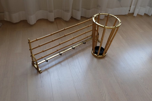 Set wall coat rack hat rack umbrella stand brass bamboo vintage 80cm aEb