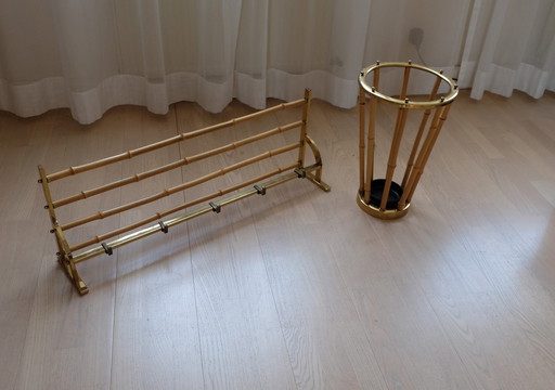 Set wall coat rack hat rack umbrella stand brass bamboo vintage 80cm aEb