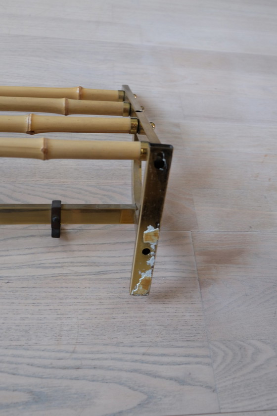 Image 1 of Set portemanteau mural porte-chapeau porte-parapluies laiton bambou vintage 80cm aEb