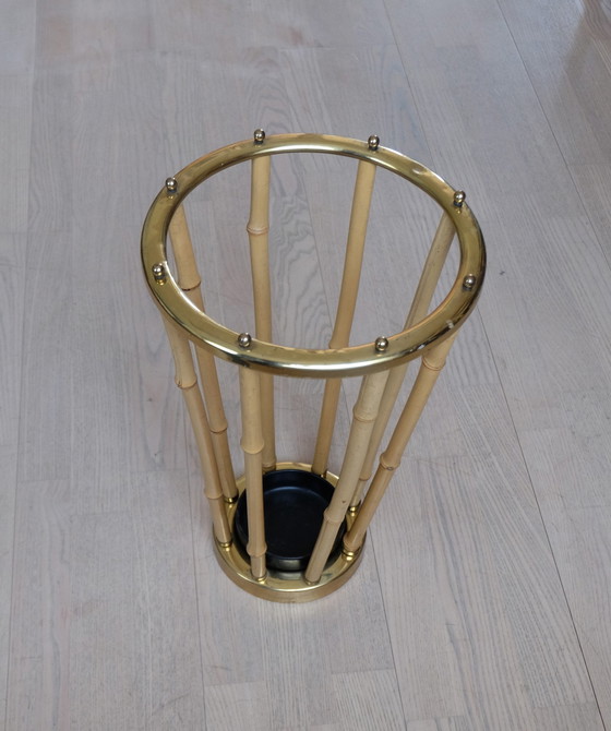 Image 1 of Set portemanteau mural porte-chapeau porte-parapluies laiton bambou vintage 80cm aEb