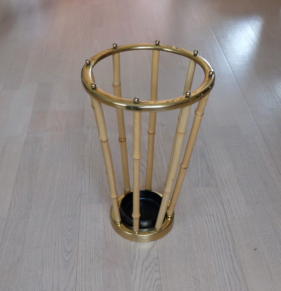 Image 1 of Set portemanteau mural porte-chapeau porte-parapluies laiton bambou vintage 80cm aEb