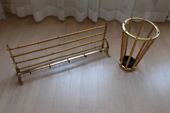 Image 1 of Set wall coat rack hat rack umbrella stand brass bamboo vintage 80cm aEb