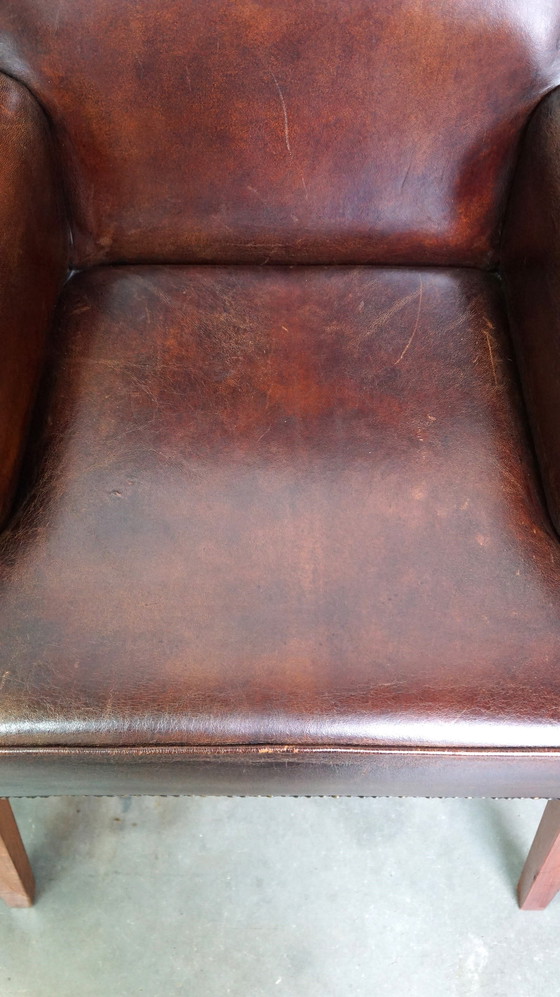 Image 1 of 4 x Chaise de salle à manger en cuir de mouton avec accoudoirs bas