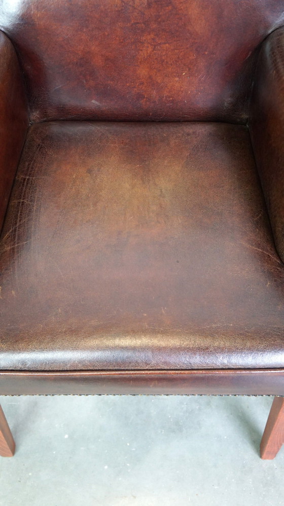 Image 1 of 4 x Chaise de salle à manger en cuir de mouton avec accoudoirs bas