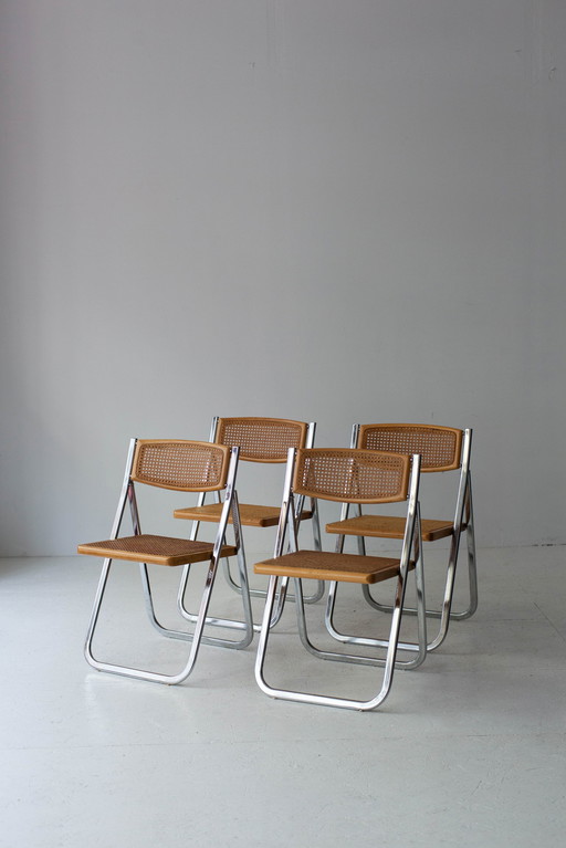 4X Rattan And Chrome ‘Tamara’ Folding Chairs For Arrbe Italy, 1970S