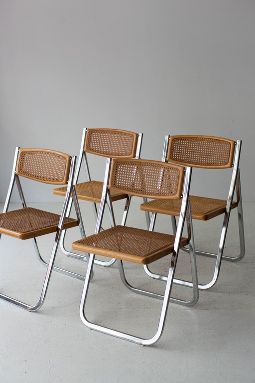 4X Rattan And Chrome ‘Tamara’ Folding Chairs For Arrbe Italy, 1970S