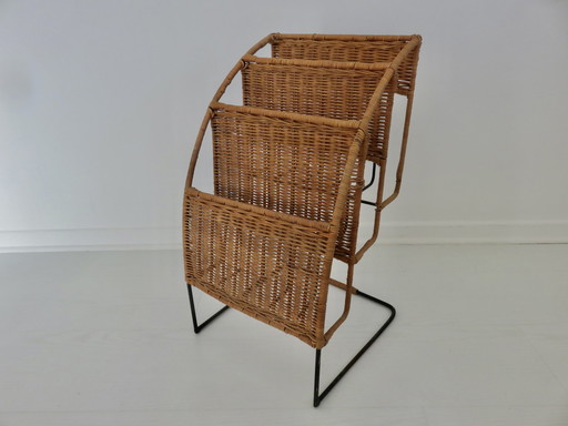 Black Lacquered Metal And Wicker Magazine Rack, 50s 60s