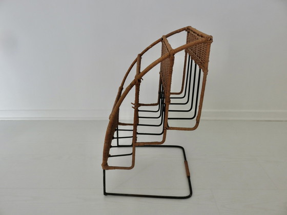 Image 1 of Black Lacquered Metal And Wicker Magazine Rack, 50s 60s