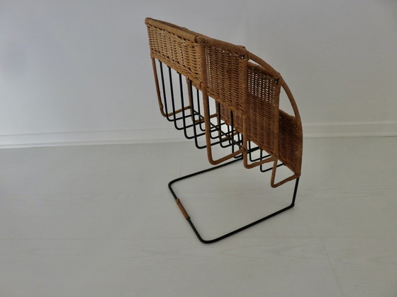 Image 1 of Black Lacquered Metal And Wicker Magazine Rack, 50s 60s