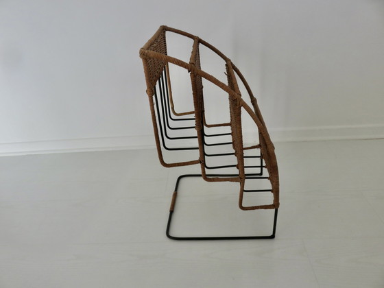 Image 1 of Black Lacquered Metal And Wicker Magazine Rack, 50s 60s