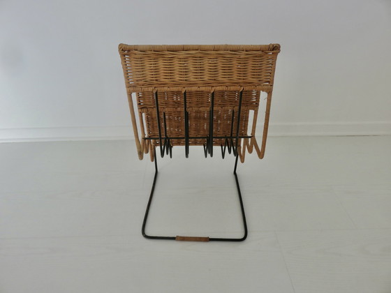 Image 1 of Black Lacquered Metal And Wicker Magazine Rack, 50s 60s