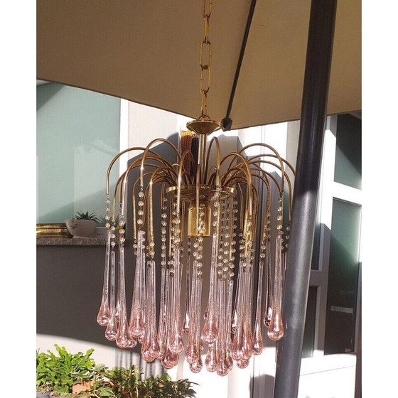 Image 1 of Lampadario vintage a cascata in vetro di Murano e metallo dorato per Venini
