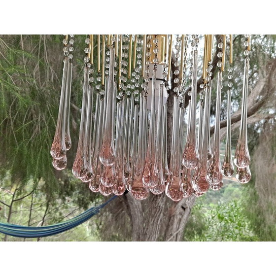 Image 1 of Lampadario vintage a cascata in vetro di Murano e metallo dorato per Venini