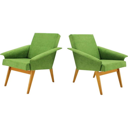 Pair of vintage Navratil beech and velvet armchairs, Czechoslovakia, 1960s