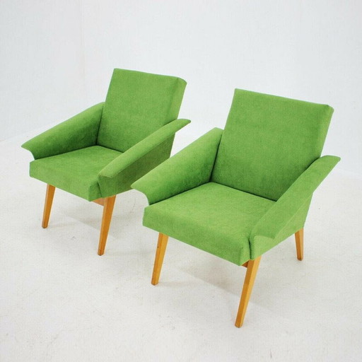 Pair of vintage Navratil beech and velvet armchairs, Czechoslovakia, 1960s