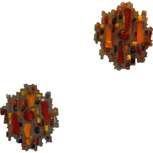 Pair of vintage lamps in heavy stone and shards of colored glass, 1960