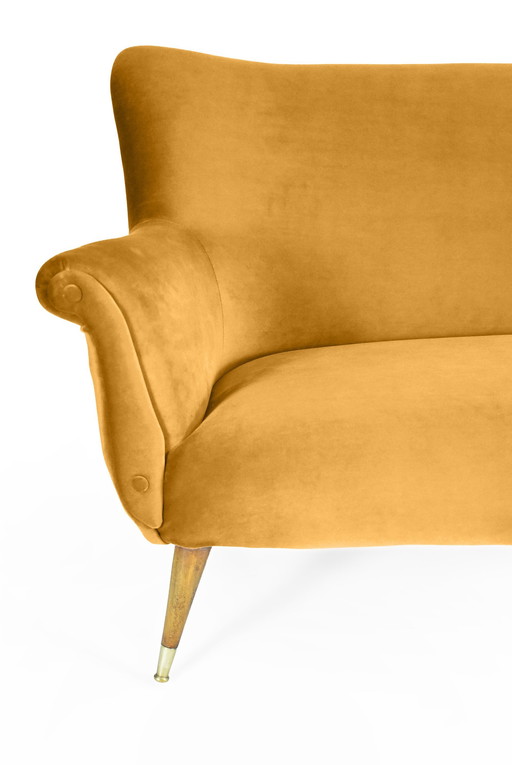 Three-seater sofa in German velvet, 60s, mustard, restored