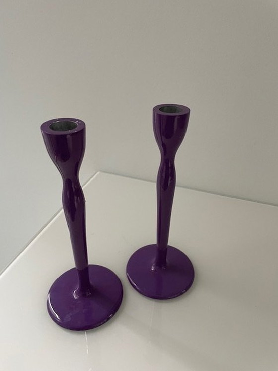 Image 1 of Modern Metal Candlesticks Deep Lavender Purple