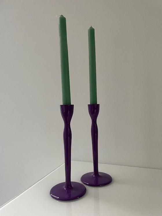 Image 1 of Modern Metal Candlesticks Deep Lavender Purple