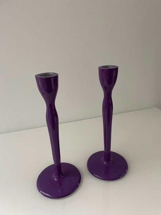 Image 1 of Modern Metal Candlesticks Deep Lavender Purple