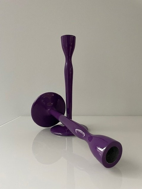 Image 1 of Modern Metal Candlesticks Deep Lavender Purple