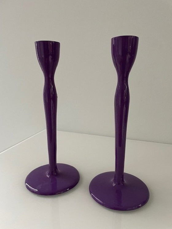 Image 1 of Modern Metal Candlesticks Deep Lavender Purple