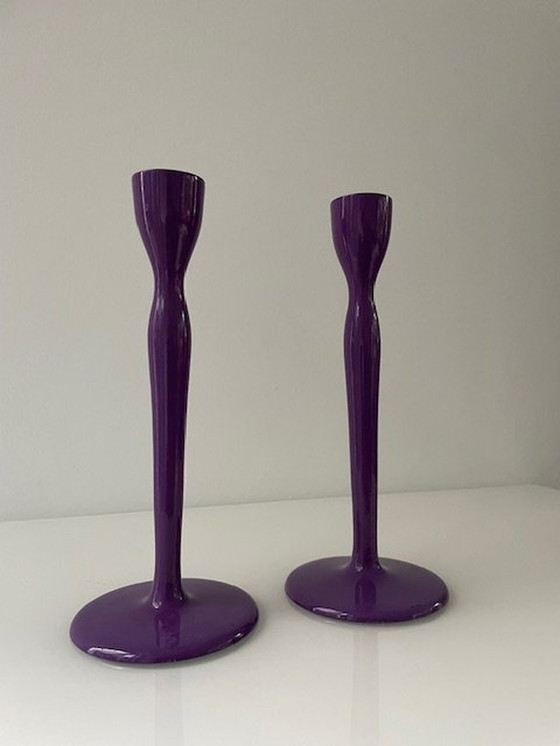 Image 1 of Modern Metal Candlesticks Deep Lavender Purple