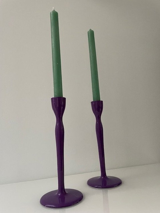 Image 1 of Modern Metal Candlesticks Deep Lavender Purple