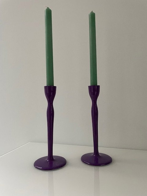 Image 1 of Modern Metal Candlesticks Deep Lavender Purple