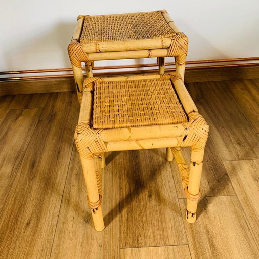 Vintage rattan and wicker nesting tables, Italy 1960