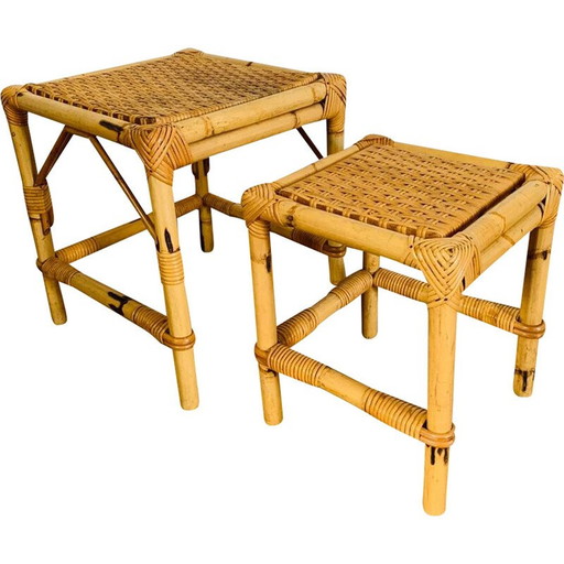 Vintage rattan and wicker nesting tables, Italy 1960