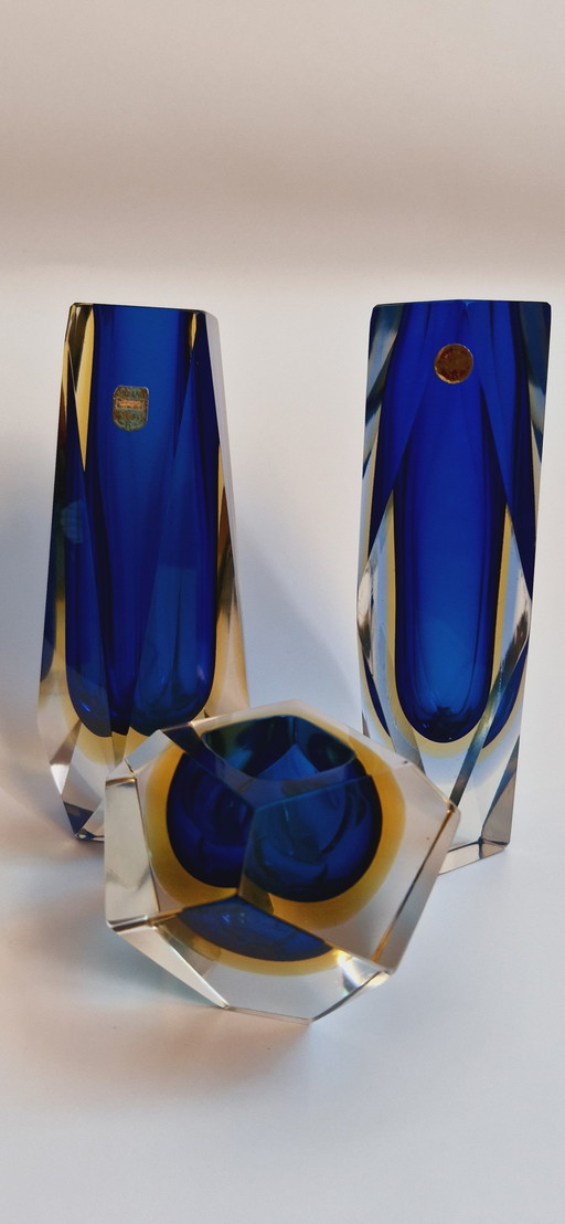 60'S Murano Glass Sommerso Faceted Vases 