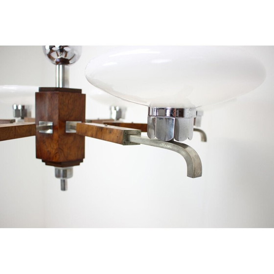 Image 1 of Vintage art deco chandelier in wood and walnut veneer, Czechoslovakia 1930