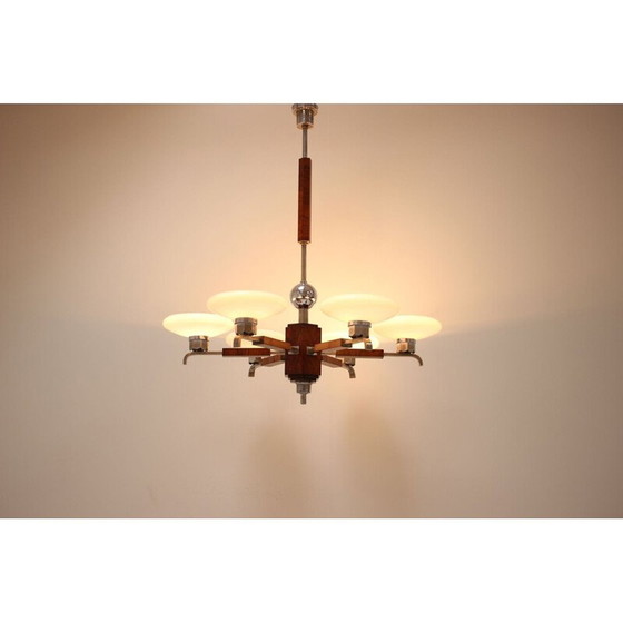 Image 1 of Vintage art deco chandelier in wood and walnut veneer, Czechoslovakia 1930