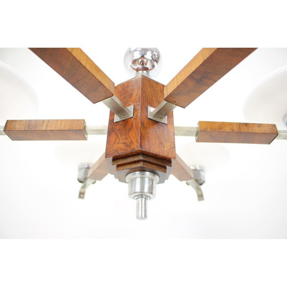 Image 1 of Vintage art deco chandelier in wood and walnut veneer, Czechoslovakia 1930