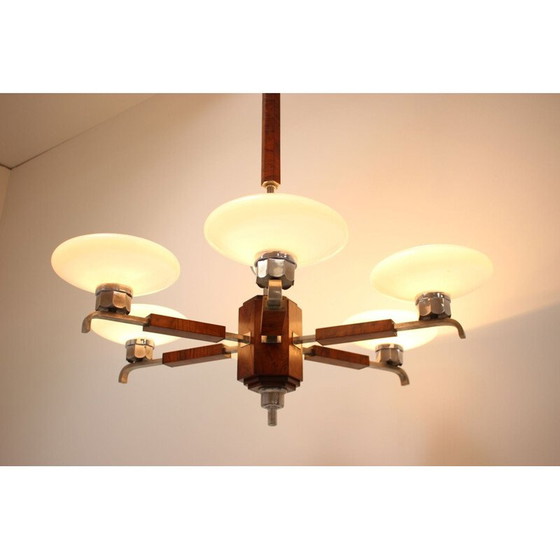 Image 1 of Vintage art deco chandelier in wood and walnut veneer, Czechoslovakia 1930