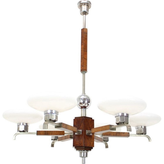 Image 1 of Vintage art deco chandelier in wood and walnut veneer, Czechoslovakia 1930