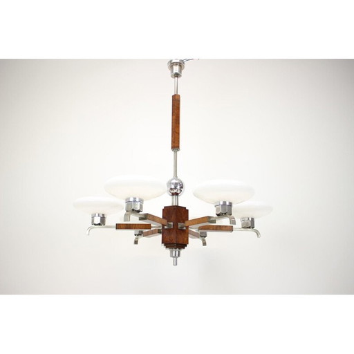 Vintage art deco chandelier in wood and walnut veneer, Czechoslovakia 1930