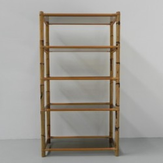 Image 1 of Bamboo display case with 5 smoked glass shelves 