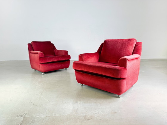 Image 1 of Set of 2 Mid - Century Vintage Armchairs Red Velvet Retro