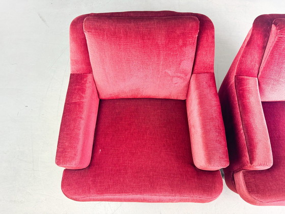 Image 1 of Set of 2 Mid - Century Vintage Armchairs Red Velvet Retro