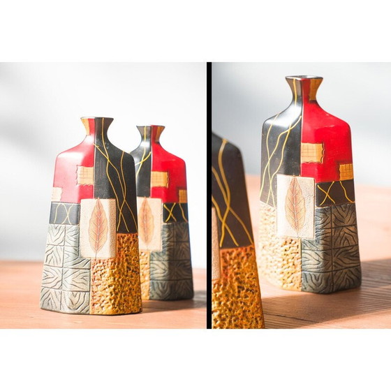 Image 1 of Pair of 1980s-90s Terracotta Vases – Geometric and Textured Design