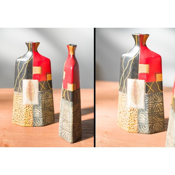 Image 1 of Pair of 1980s-90s Terracotta Vases – Geometric and Textured Design