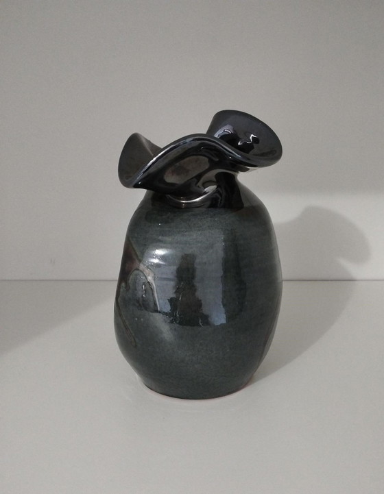 Image 1 of Signed Free Form Asymmetrical Enameled Vase