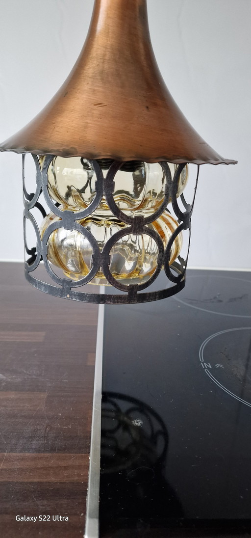 Mid-Century copper metal glass hanging lamp